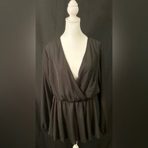 Semi Sheer Black Long Sleeve Peplum Blouse